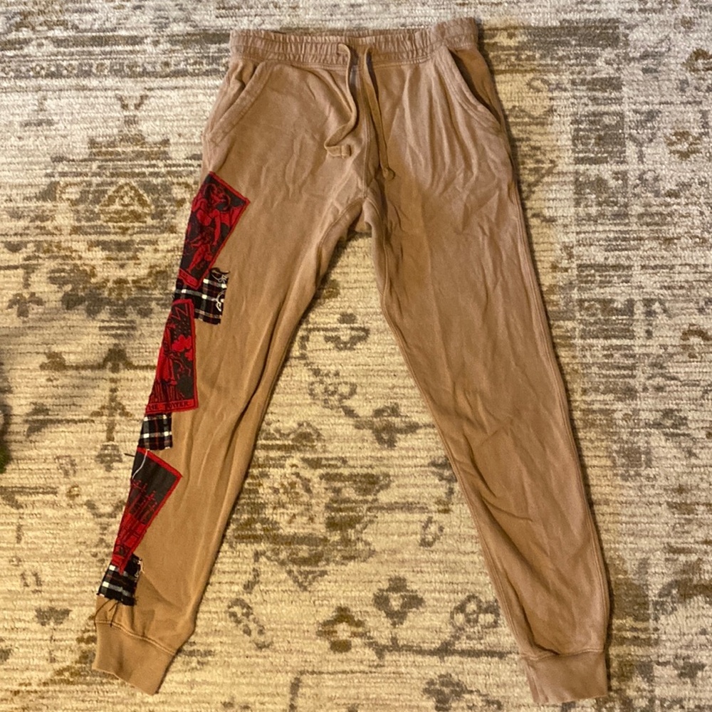 Size Small Brown sweatpants with custom patchwork Tarot Cards